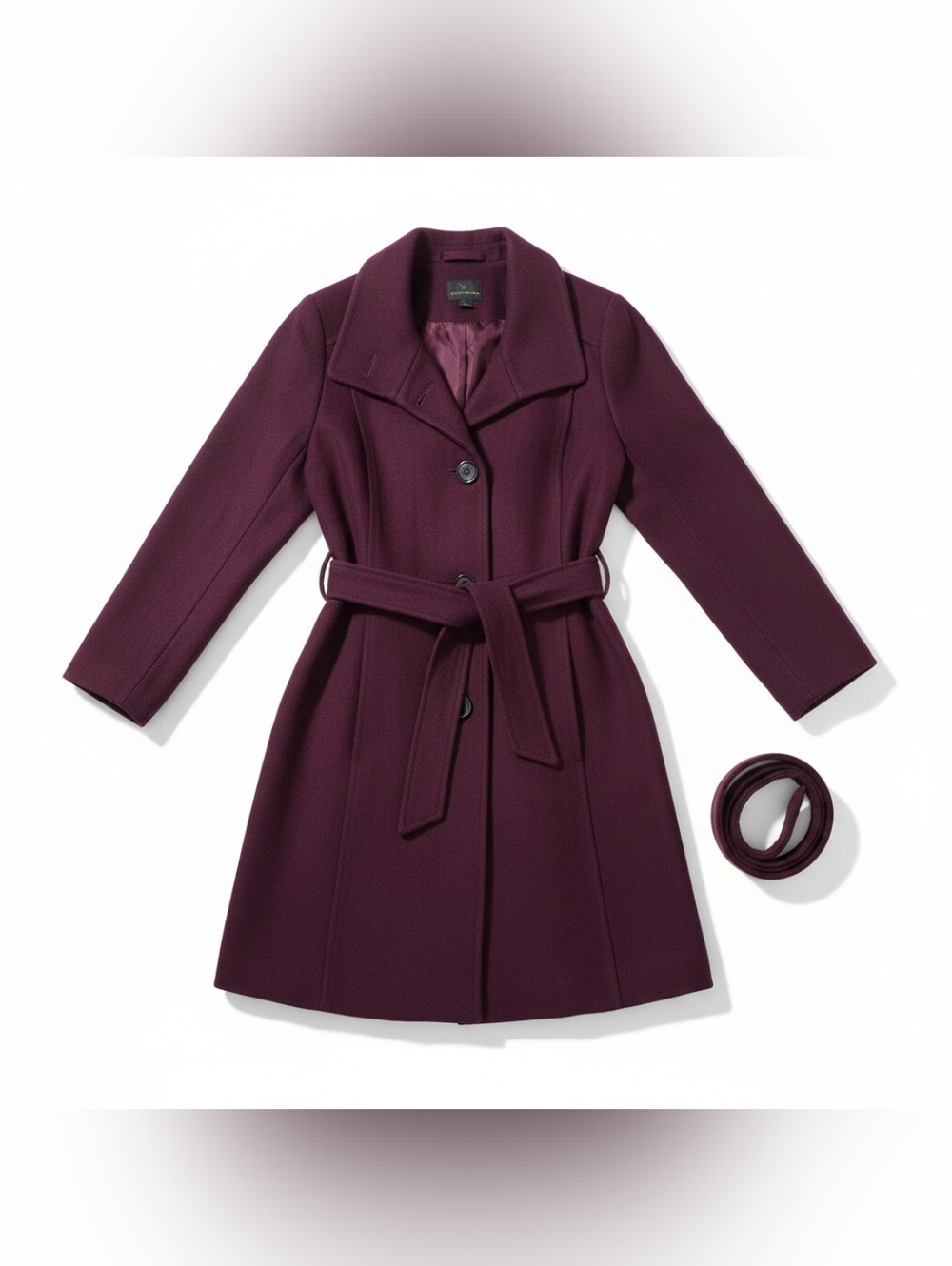 NEW Worthington XL Eggplant Dark Purple Overcoat Wool Blend Belted Classic